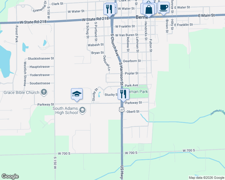 map of restaurants, bars, coffee shops, grocery stores, and more near 818 U.S. 27 in Berne
