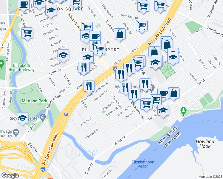 map of restaurants, bars, coffee shops, grocery stores, and more near 18 Delaware Street in Elizabeth