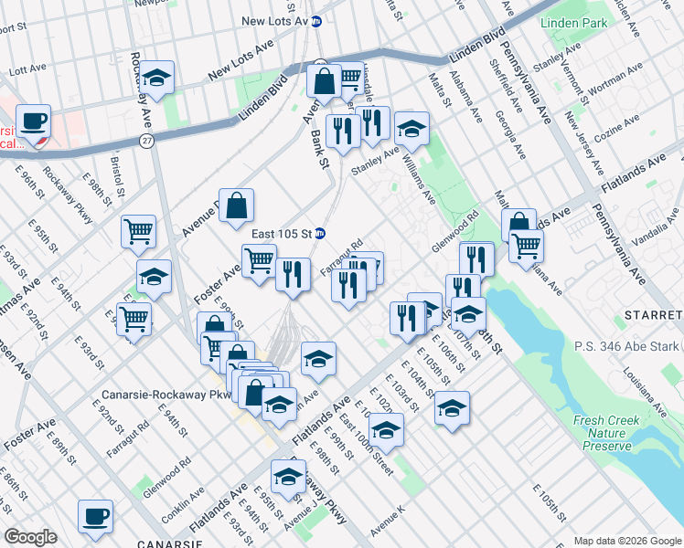map of restaurants, bars, coffee shops, grocery stores, and more near 633 East 104th Street in Brooklyn