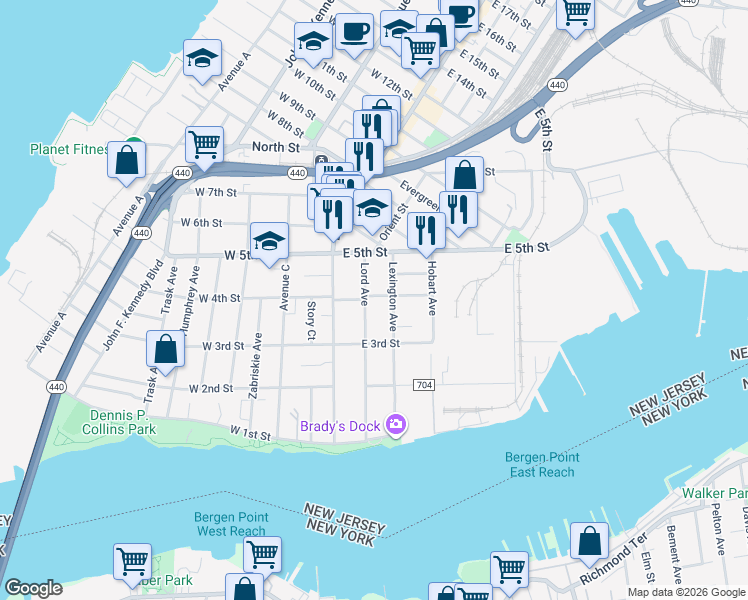 map of restaurants, bars, coffee shops, grocery stores, and more near 116 Lord Ave in Bayonne