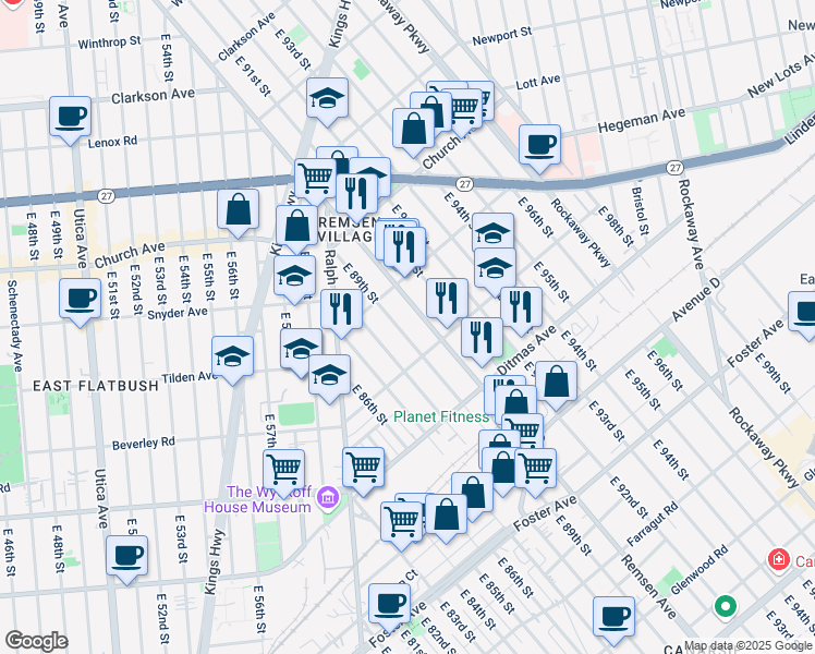 map of restaurants, bars, coffee shops, grocery stores, and more near 724 Remsen Avenue in Brooklyn