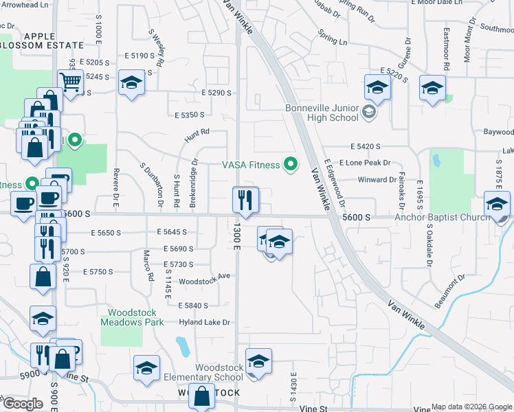 map of restaurants, bars, coffee shops, grocery stores, and more near 1338 East Farm Hill Drive in Salt Lake City