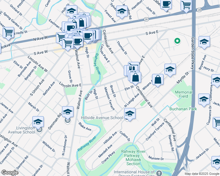 map of restaurants, bars, coffee shops, grocery stores, and more near 3 Broad Street in Cranford