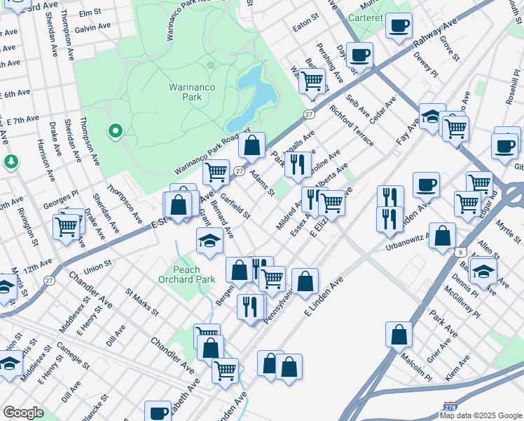 map of restaurants, bars, coffee shops, grocery stores, and more near 1831 A Caroline Avenue in Linden