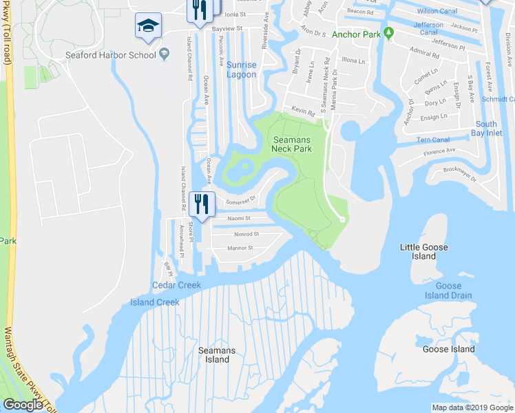 map of restaurants, bars, coffee shops, grocery stores, and more near 1709 Somerset Drive in Seaford