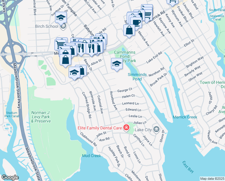 map of restaurants, bars, coffee shops, grocery stores, and more near 1859 George Court in Merrick