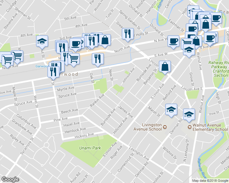 map of restaurants, bars, coffee shops, grocery stores, and more near 122 New Street in Cranford