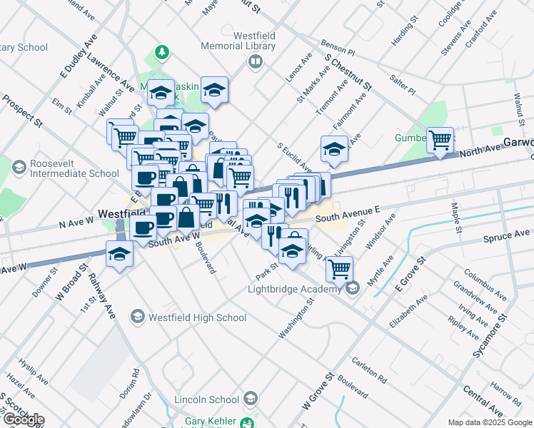 map of restaurants, bars, coffee shops, grocery stores, and more near 401 South Elmer Street in Westfield