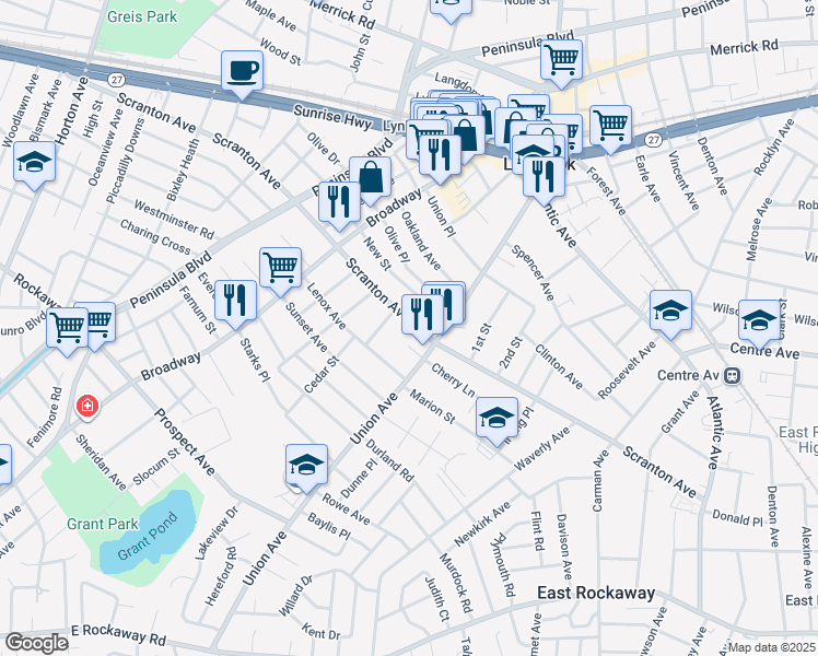 map of restaurants, bars, coffee shops, grocery stores, and more near 450 Scranton Avenue in Lynbrook