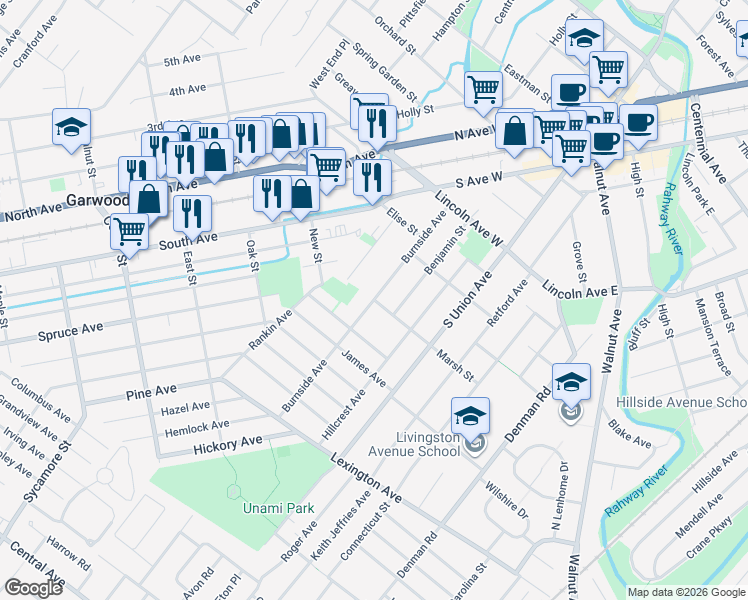 map of restaurants, bars, coffee shops, grocery stores, and more near Burnside Avenue in Cranford