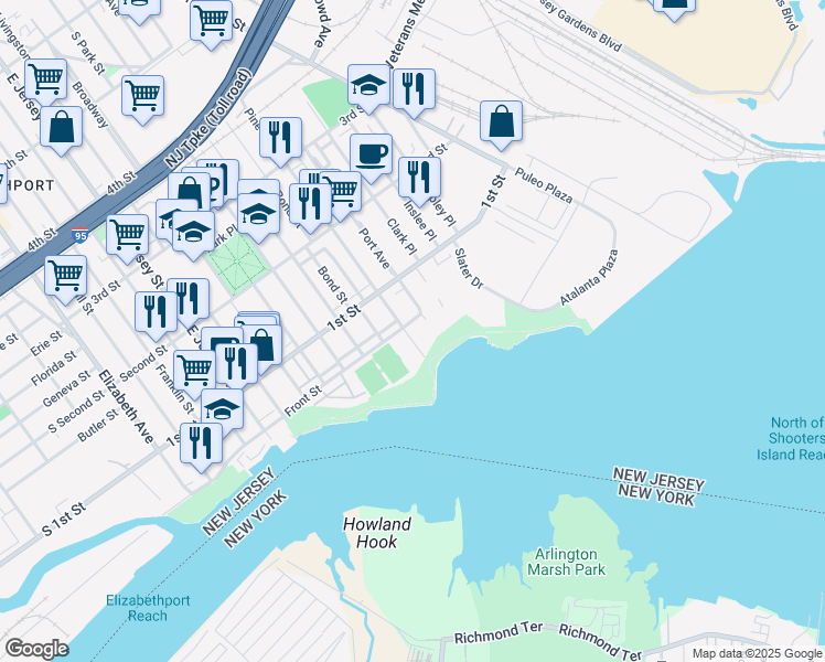 map of restaurants, bars, coffee shops, grocery stores, and more near 55 Pine Street in Elizabeth