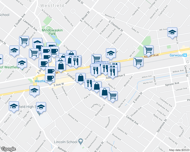 map of restaurants, bars, coffee shops, grocery stores, and more near 219 South Ave East in Westfield