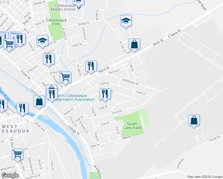 map of restaurants, bars, coffee shops, grocery stores, and more near 502 Poplar Street in Catasauqua