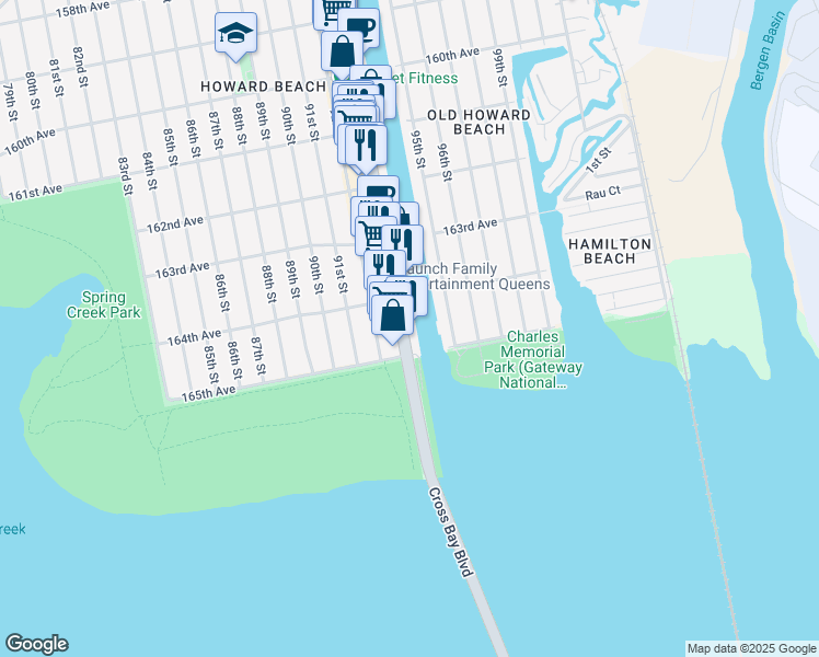 map of restaurants, bars, coffee shops, grocery stores, and more near 164-33 Cross Bay Boulevard in Queens