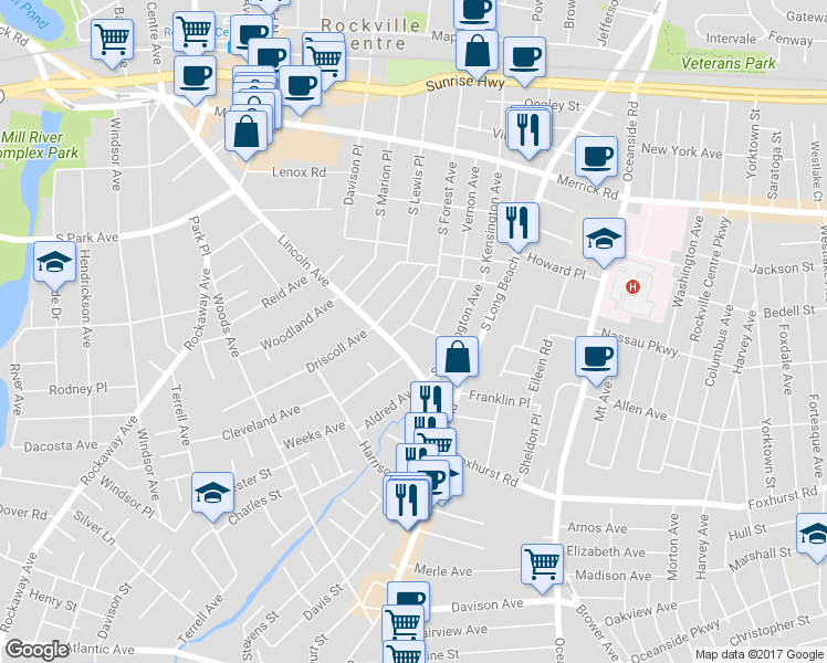 map of restaurants, bars, coffee shops, grocery stores, and more near 8 Hawthorne Avenue in Rockville Centre