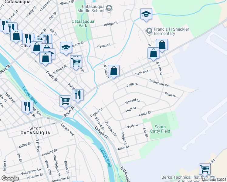 map of restaurants, bars, coffee shops, grocery stores, and more near 210 Faith Drive in Catasauqua