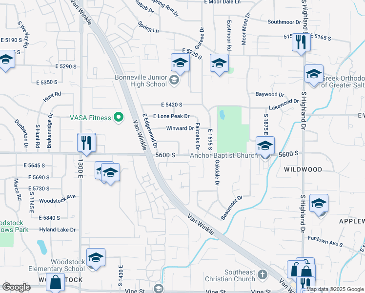 map of restaurants, bars, coffee shops, grocery stores, and more near 5570 Neighbor Lane in Holladay