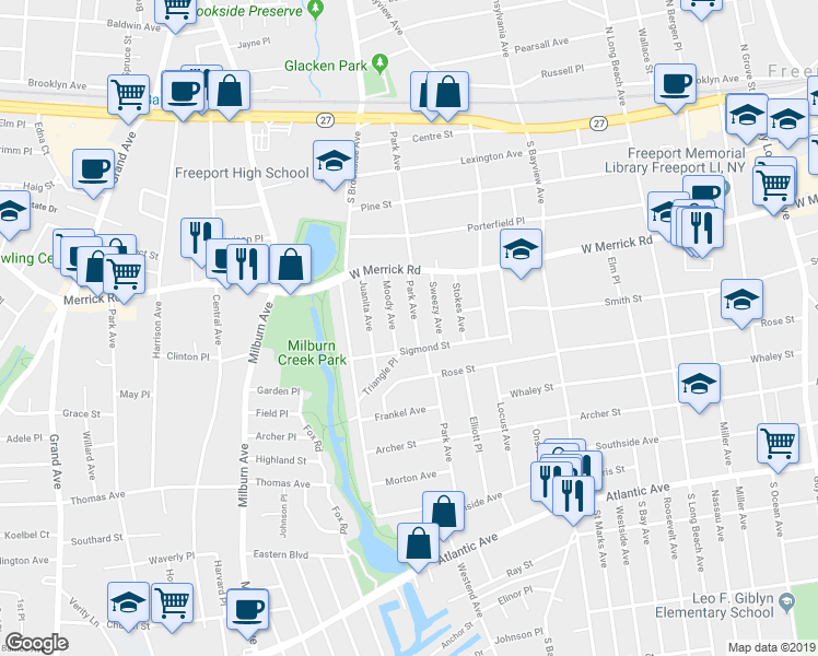 map of restaurants, bars, coffee shops, grocery stores, and more near 194 Park Avenue in Freeport