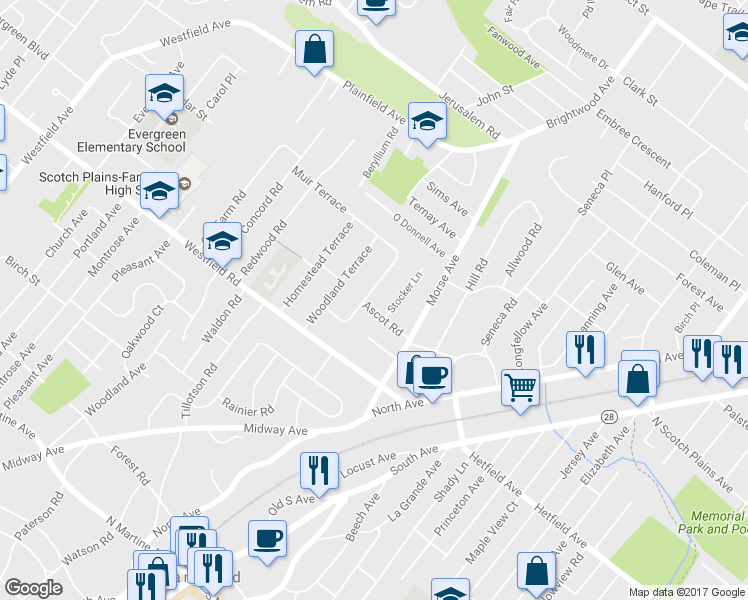 map of restaurants, bars, coffee shops, grocery stores, and more near 2258 Edgewood Terrace in Scotch Plains