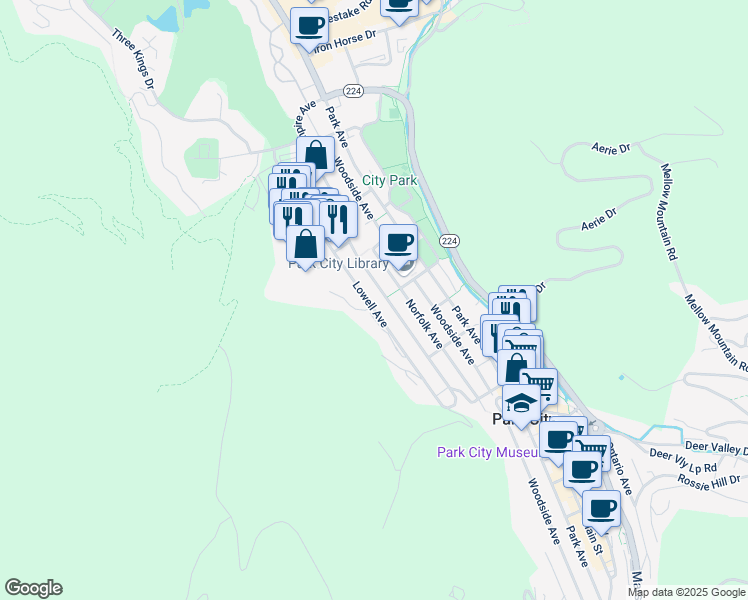 map of restaurants, bars, coffee shops, grocery stores, and more near 1212 Lowell Avenue in Park City