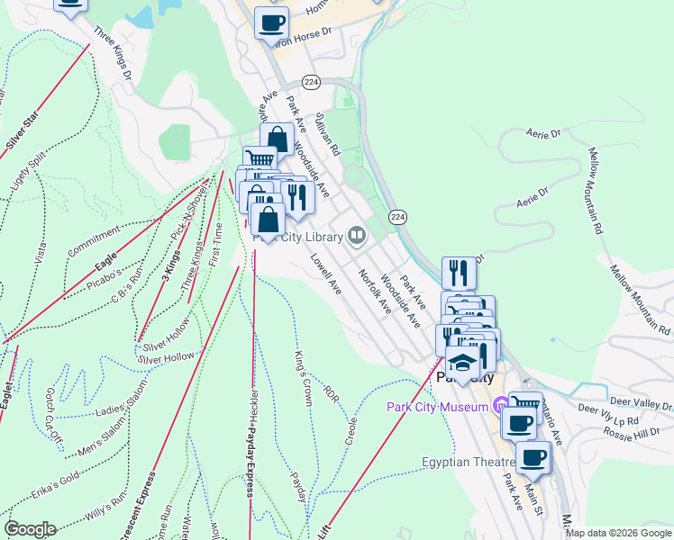 map of restaurants, bars, coffee shops, grocery stores, and more near 1203 Empire Avenue in Park City