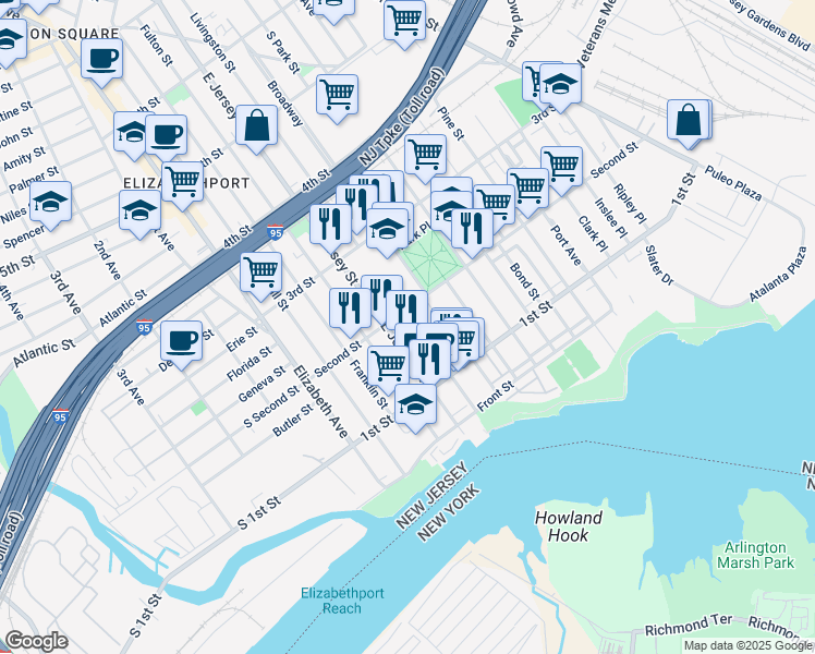 map of restaurants, bars, coffee shops, grocery stores, and more near 152 Livingston Street in Elizabeth