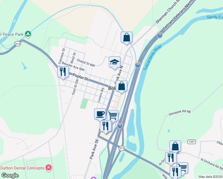 map of restaurants, bars, coffee shops, grocery stores, and more near 108 Park Avenue South in Bolivar