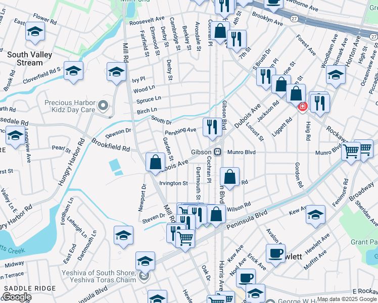 map of restaurants, bars, coffee shops, grocery stores, and more near 46 Eton Street in Valley Stream
