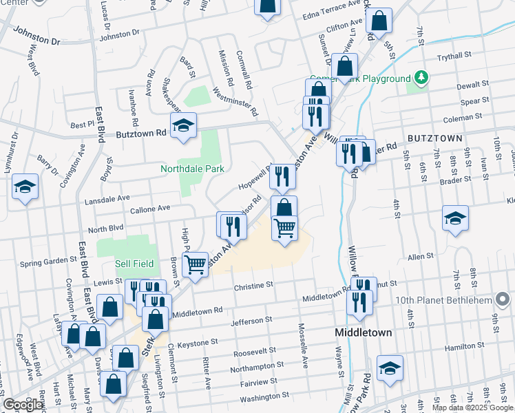 map of restaurants, bars, coffee shops, grocery stores, and more near 1946 Windsor Road in Bethlehem