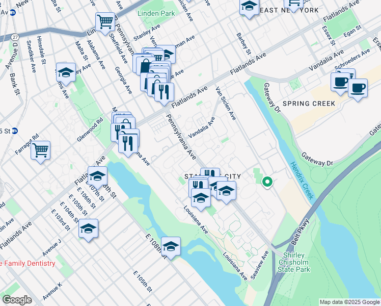 map of restaurants, bars, coffee shops, grocery stores, and more near 1388 Pennsylvania Ave in Brooklyn
