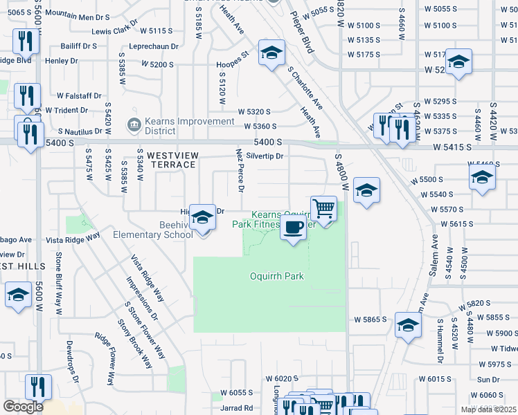 map of restaurants, bars, coffee shops, grocery stores, and more near 5032 West Highwood Drive in Kearns