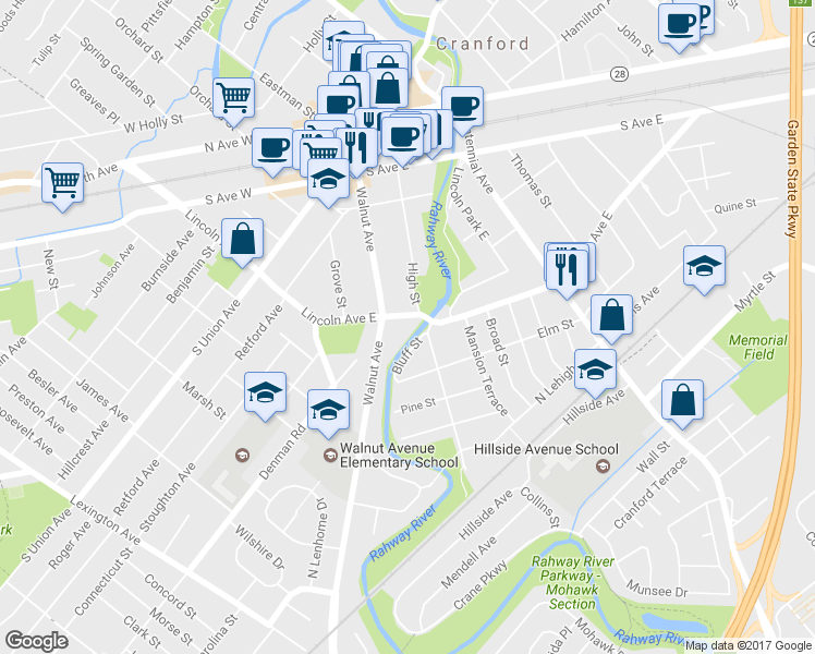 map of restaurants, bars, coffee shops, grocery stores, and more near 312 Lincoln Avenue East in Cranford