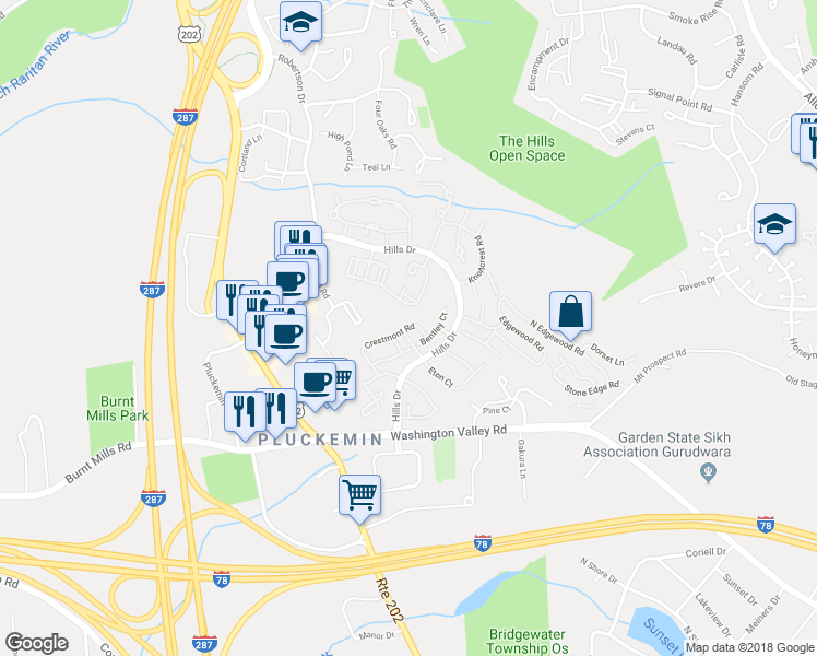 map of restaurants, bars, coffee shops, grocery stores, and more near 11 Crestmont Road in Bedminster Township
