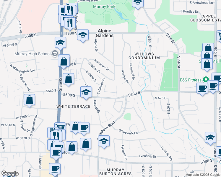 map of restaurants, bars, coffee shops, grocery stores, and more near 463 East 5600 South in Murray