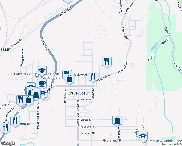 map of restaurants, bars, coffee shops, grocery stores, and more near 447 Maplewood Avenue in Creve Coeur