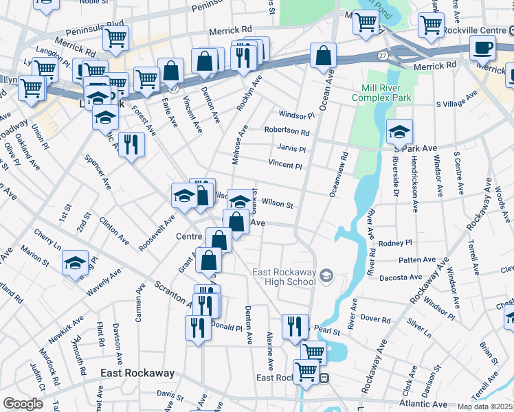 map of restaurants, bars, coffee shops, grocery stores, and more near 16 Clark St in East Rockaway