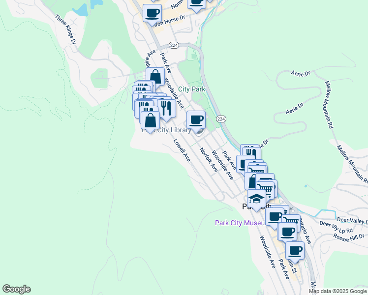 map of restaurants, bars, coffee shops, grocery stores, and more near 1212 Lowell Avenue in Park City