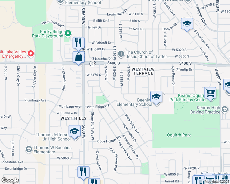 map of restaurants, bars, coffee shops, grocery stores, and more near 5423 West 5540 South in Kearns