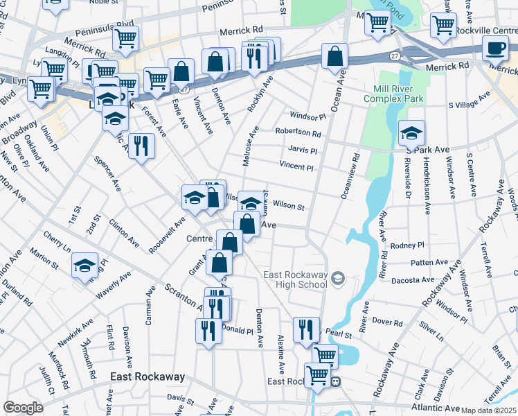 map of restaurants, bars, coffee shops, grocery stores, and more near 16 Clark Street in East Rockaway
