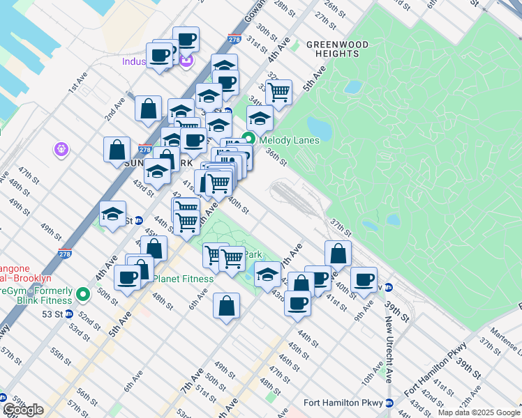 map of restaurants, bars, coffee shops, grocery stores, and more near 566 39th Street in Brooklyn