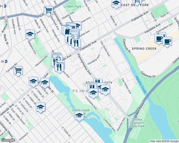map of restaurants, bars, coffee shops, grocery stores, and more near 1390 Pennsylvania Avenue in Brooklyn