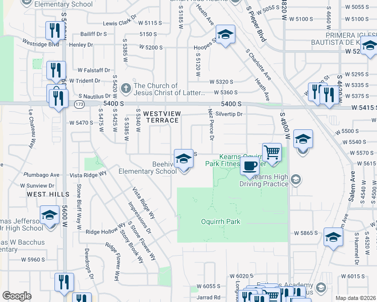 map of restaurants, bars, coffee shops, grocery stores, and more near 5156 West Highwood Drive in Kearns
