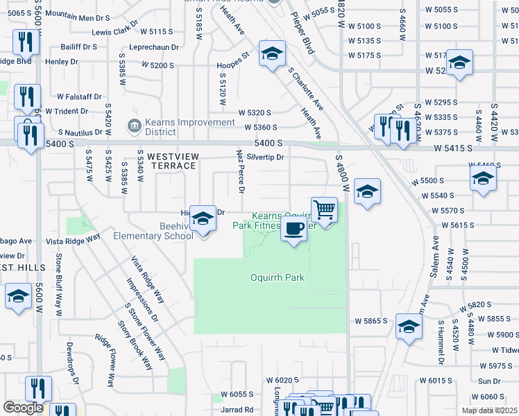 map of restaurants, bars, coffee shops, grocery stores, and more near 5032 West Highwood Drive in Kearns