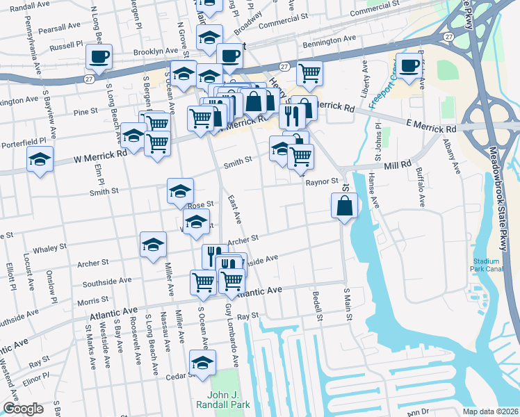map of restaurants, bars, coffee shops, grocery stores, and more near 214 Church Street in Freeport