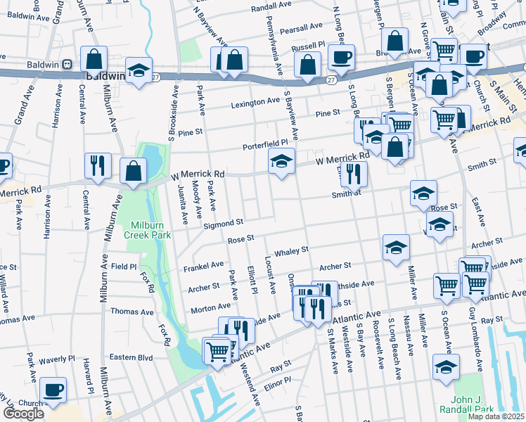 map of restaurants, bars, coffee shops, grocery stores, and more near 191 Madison Avenue in Freeport