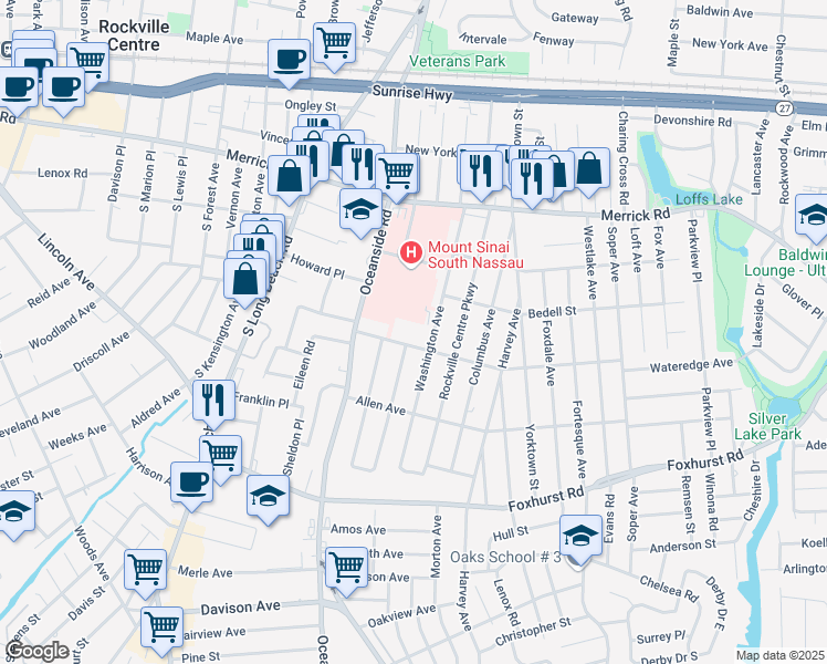 map of restaurants, bars, coffee shops, grocery stores, and more near 41 Nassau Parkway in Oceanside