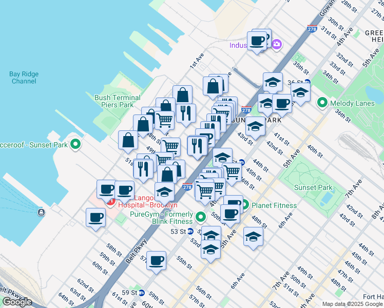map of restaurants, bars, coffee shops, grocery stores, and more near 238 47th Street in Brooklyn