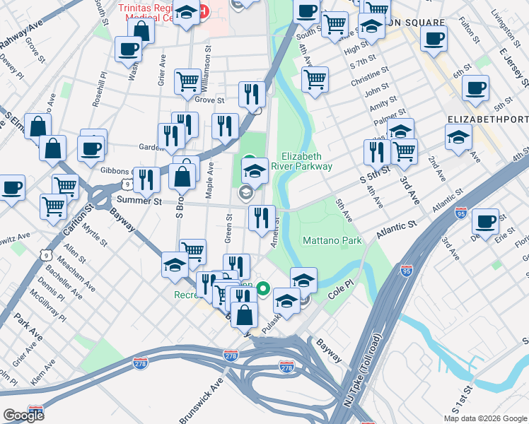 map of restaurants, bars, coffee shops, grocery stores, and more near 598 Clarkson Avenue in Elizabeth