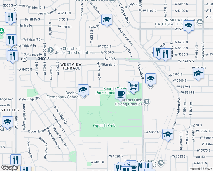 map of restaurants, bars, coffee shops, grocery stores, and more near 5032 West Highwood Drive in Kearns