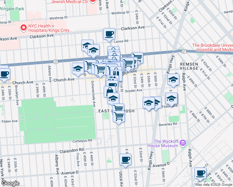 map of restaurants, bars, coffee shops, grocery stores, and more near 4916 Snyder Avenue in Brooklyn